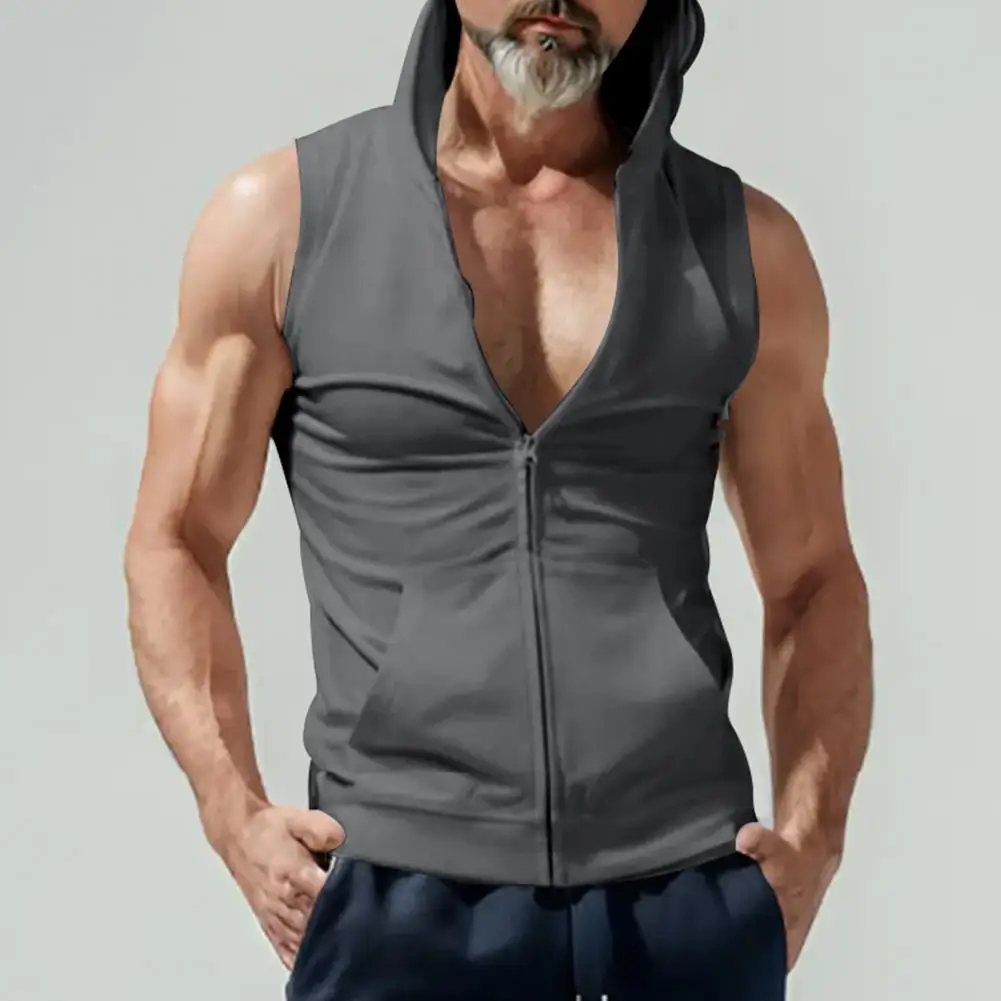 

Men Hooded Vest Men's Hooded Zipper Vest with Pockets Slim Fit Breathable Fitness Waistcoat for Sports Polyester Fiber