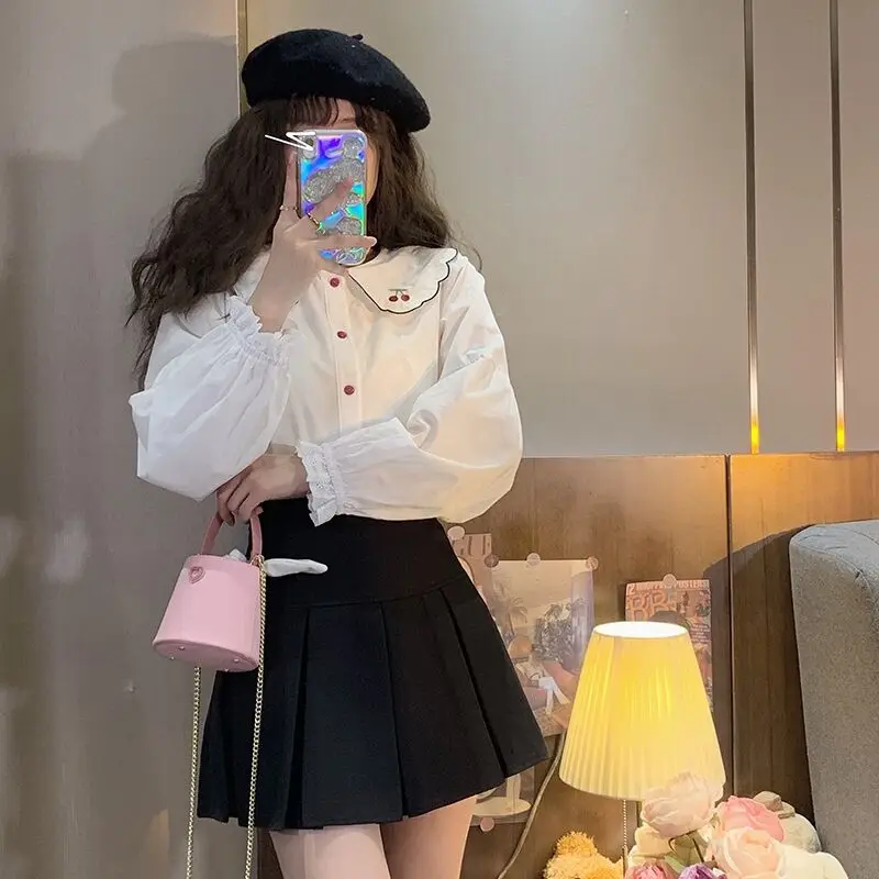 Chic Print Women White Shirt Fashion Peter Pan Collar Lantern Sleeve Blouses Elegant Casual Simple Female Y2K Streetwear 2024