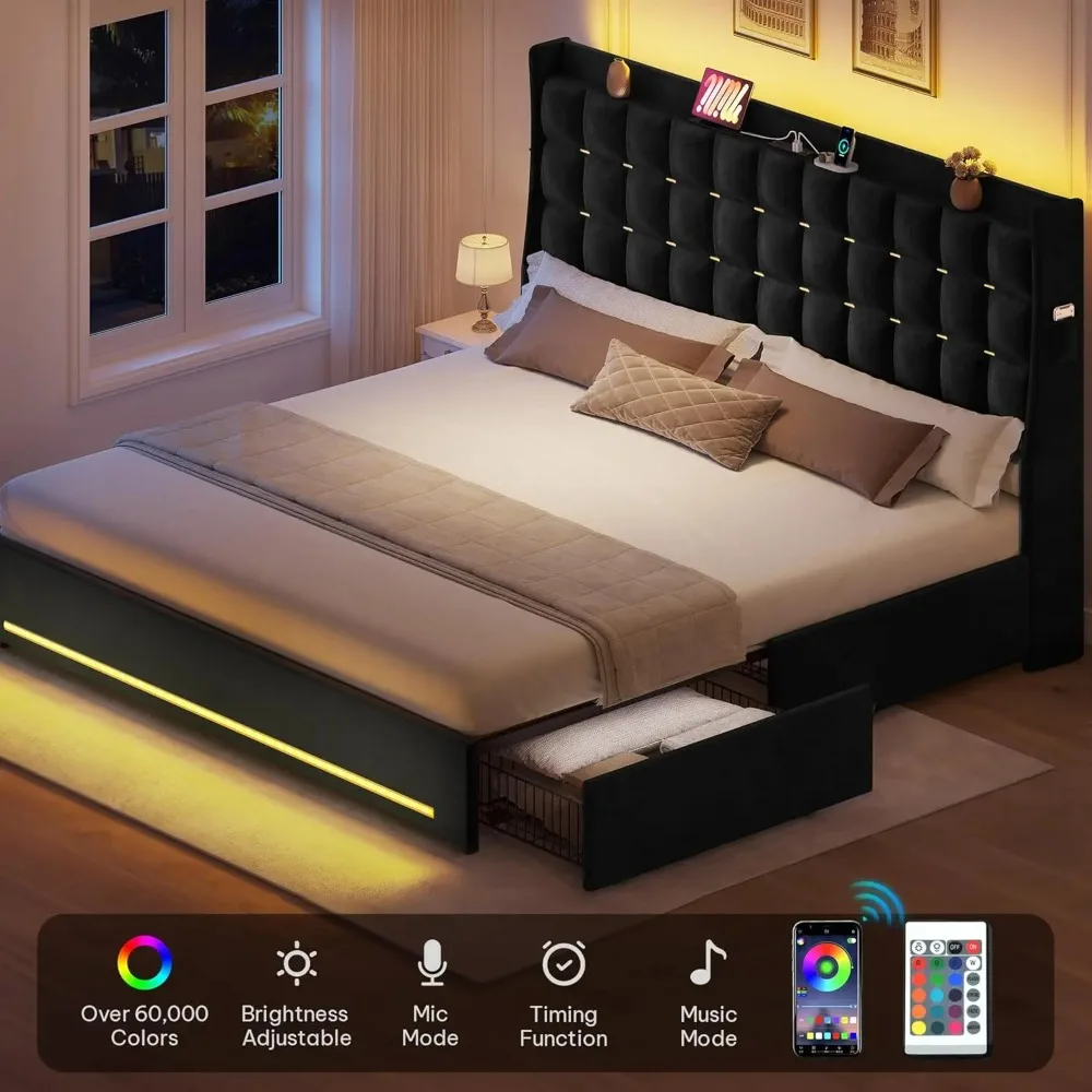 Struttura letto queen/king con luci a LED, 4 cassetti, senza bisogno di molle, facile montaggio, letto con piattaforma imbottita in velluto