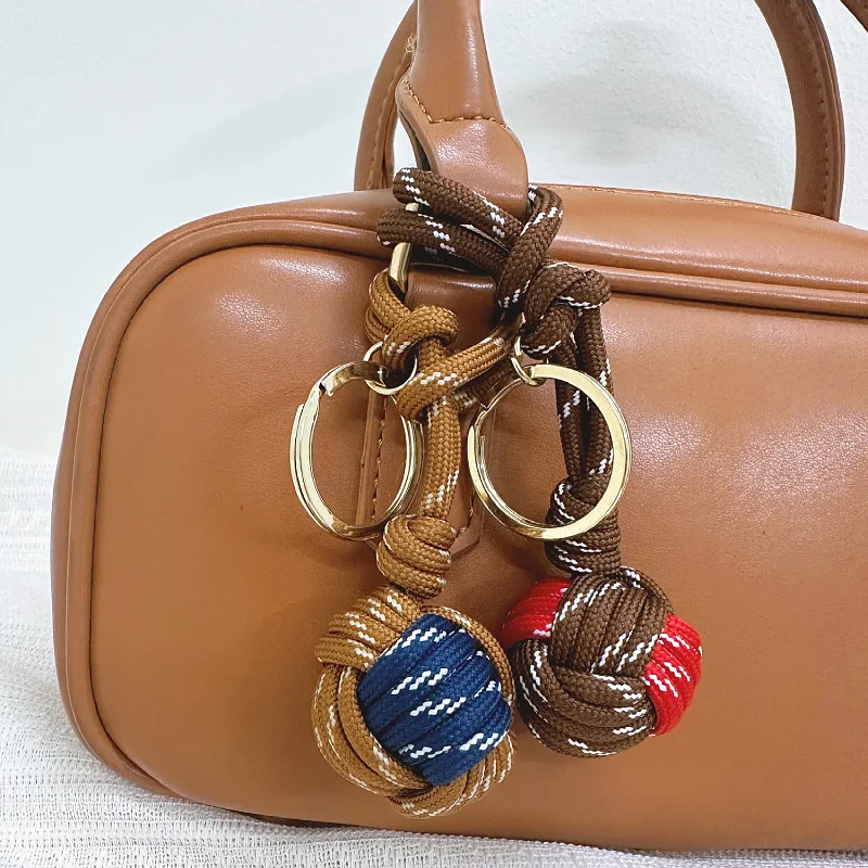 

Handwoven Two-Tone Pom Pom Bag Charm Keychain, Cute Handmade Shoulder bag ＆ backpack Accessory Gift with Chain