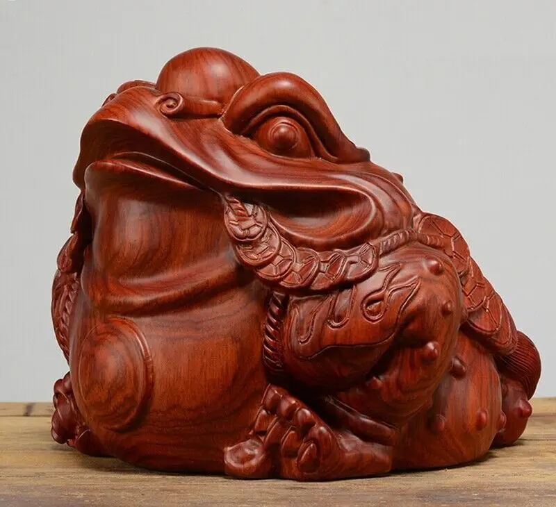 

Chinese Rosewood Carved 3 Legged Toad Statue Coins Money Frog Amulet Home Decor