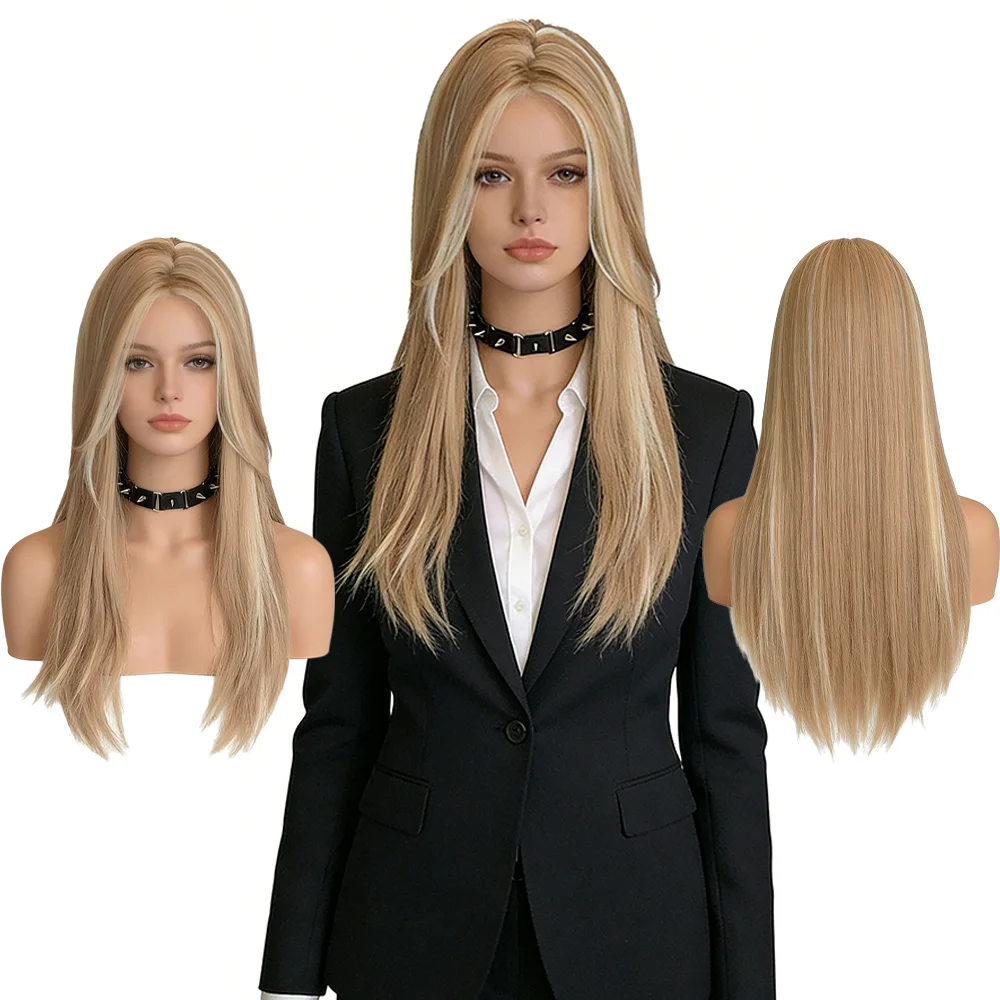 

Small Lace Part Wig Honey Blonde Ombre Long Straight Glueless Natural Hairline Heat Resistant Synthetic Wig For Women Daily Use