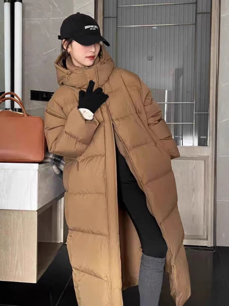 

Зимний длинный пуховик до колена с капюшоном, женский свободный пуховик на молнии, женская верхняя одежда на белом утином пуху, теплые утепленные пуховики