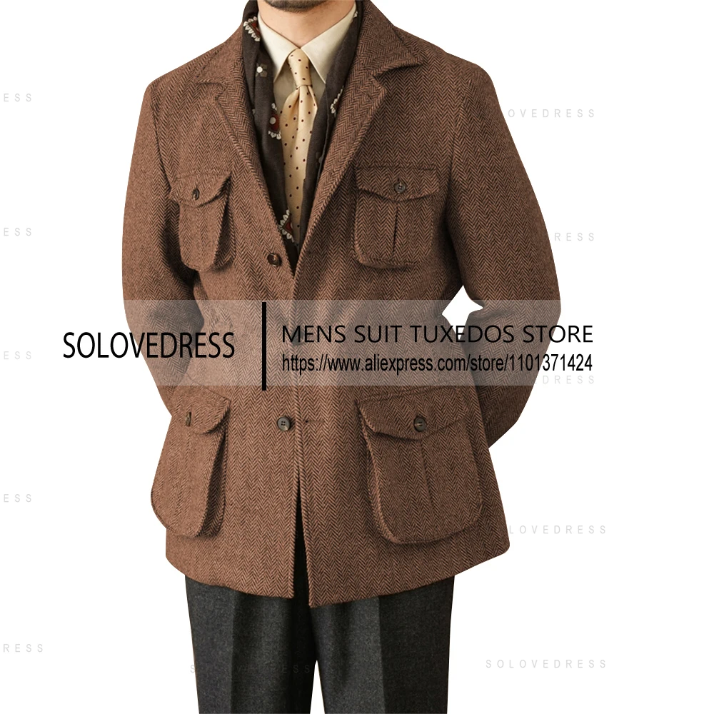 One Pieces Suits Herringbone Slim Fit Single Breasted Men's Suits Wedding Suits 4 Real Pocket （Just One Jacket）