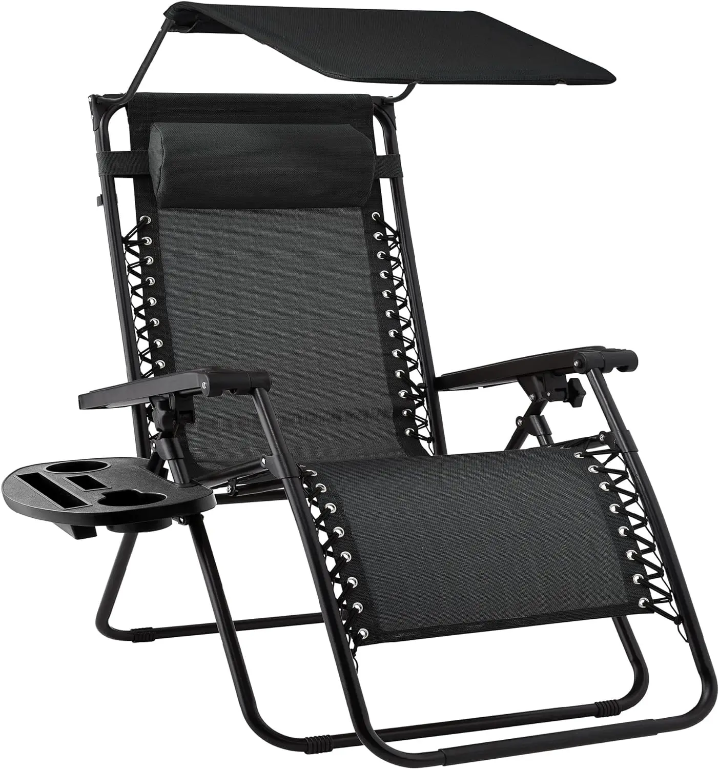 

Folding Zero Gravity Outdoor Recliner Patio Lounge Chair w/Adjustable Canopy Shade, Headrest, Side Accessory Tray, Textilene