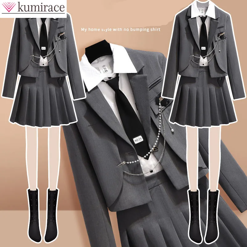 

2022 Autumn New Japanese White Shirt Suit Jacket Pleated Skirt Three Piece Set Fashionable Female Student JK Uniform Sports Sets