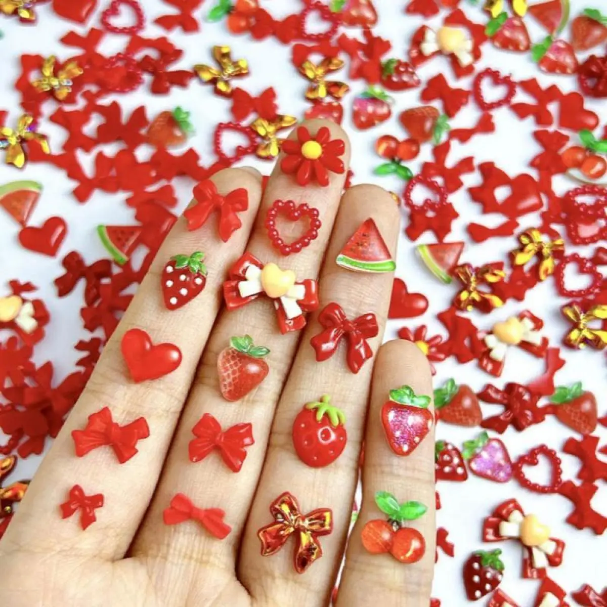 

100PCS Mixed 3D Resin Red Series Nail Charms Kawaii Strawberry Bow Flower Watermelon Cherry Nail Art Decoration Accessories