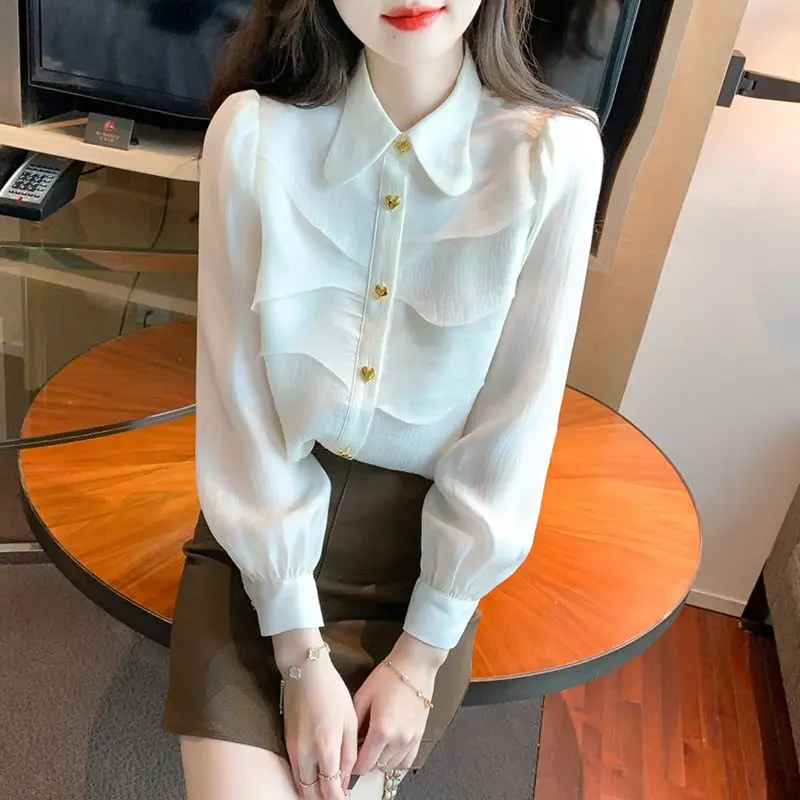 Stylish Patchwork Asymmetrical Blouse Solid Color Female Clothing Single-breasted Spring Autumn New Sweet Peter Pan Collar Shirt