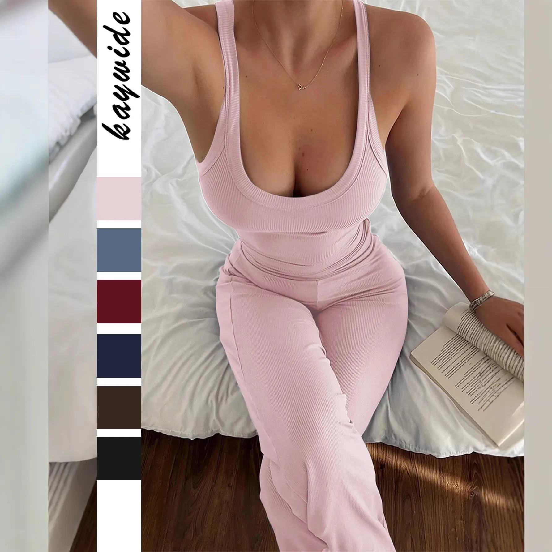 Spring Summer Women's Clothing Sporty Sleeveless Tank Top Wide Leg Pants Set For Woman Viscose Polyester Blend Solid Color