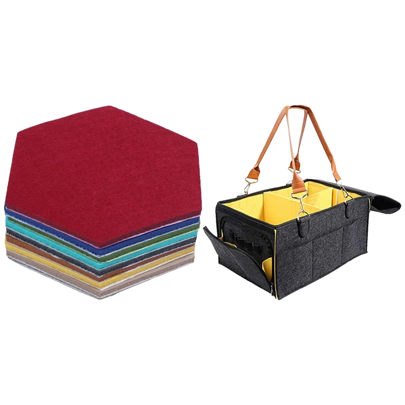

LALA 9 Pcs Hexagon Pad Cork Board/Pin Board,Wall Tiles Memo Felt Board & 1 Pcs Portable Baby Diaper Caddy Organizer Tote