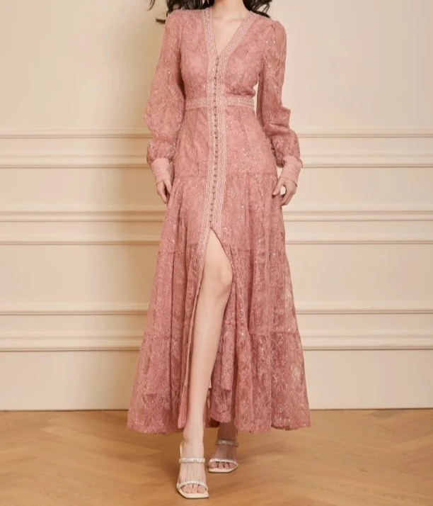 

Розовое кружевное платье с вышивкой, женское осенне-весеннее винтажное элегантное платье, облегающее платье с длинными рукавами и высокой талией, шикарная женская одежда