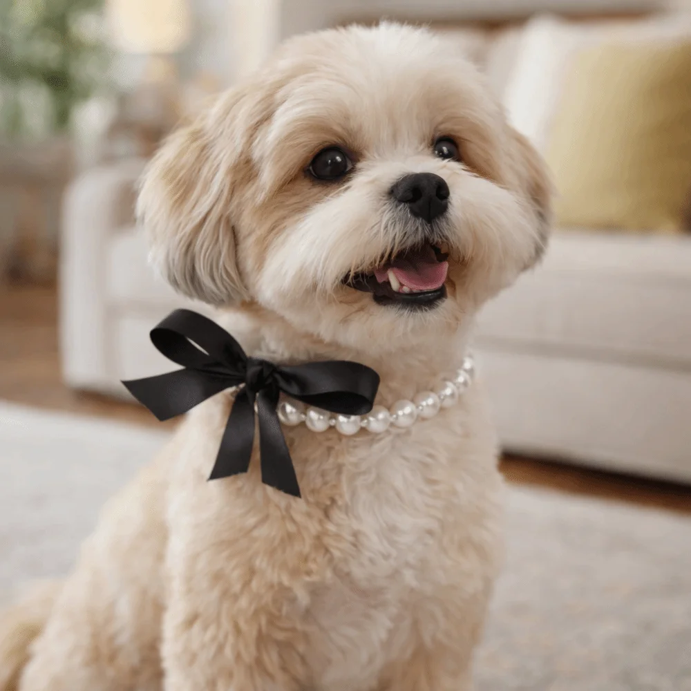 Colar de pérolas para animais de estimação, ajustável, pérola simulada, elegante, cachorro, joias, laço, fita, brilho, animal de estimação, colar de pérola simulado