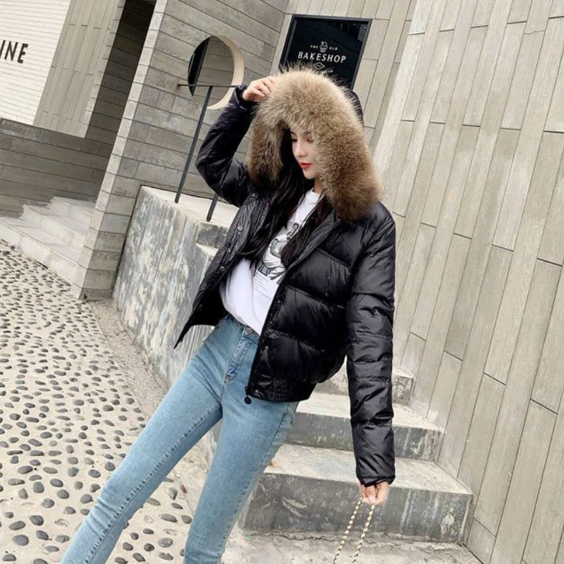 Winter Down Jacket Women\'s 2023 New Fashion Short White Duck Down Large Fur Collar Hooded Warm Jacket Winter Coat Women Coats