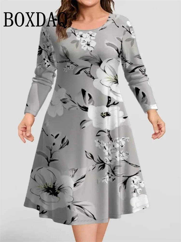 Vintage Flowers Pattern 3D Print Dress Autumn Winter Long Sleeve Fashion Plus Size Loose Dress Casual Retro O-Neck A-Line Dress