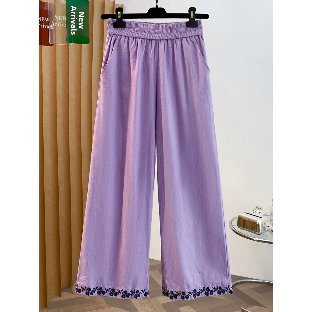 Retro Countryside Light Purple Elastic Waist Wide Leg Nine Pants Women Summer Floral Embroidery Simple Drape Casual Pants