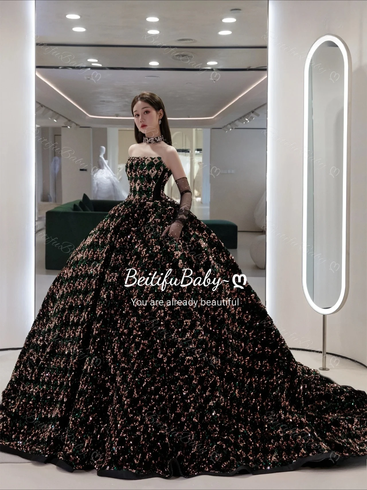 BeitifuBaby Evening Dress for Women Palace Style Heavy Industry Luxury Sequins Ball Gown Dubai Prom Dresses with Scarf Vestidos