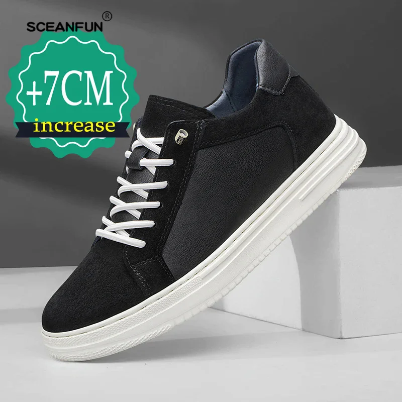 Sapatos de elevador para homens da moda tênis casuais homens aumento de altura invisível couro genuíno respirável elevador 7cm luxo heighte