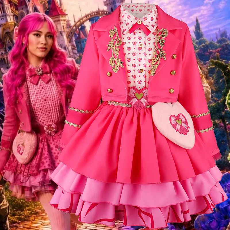 Costume cosplay complet de Bridget Descendants 4, tenue princesse cœur rose, veste courte et jupe à volants, déguisement de fête d'Halloween