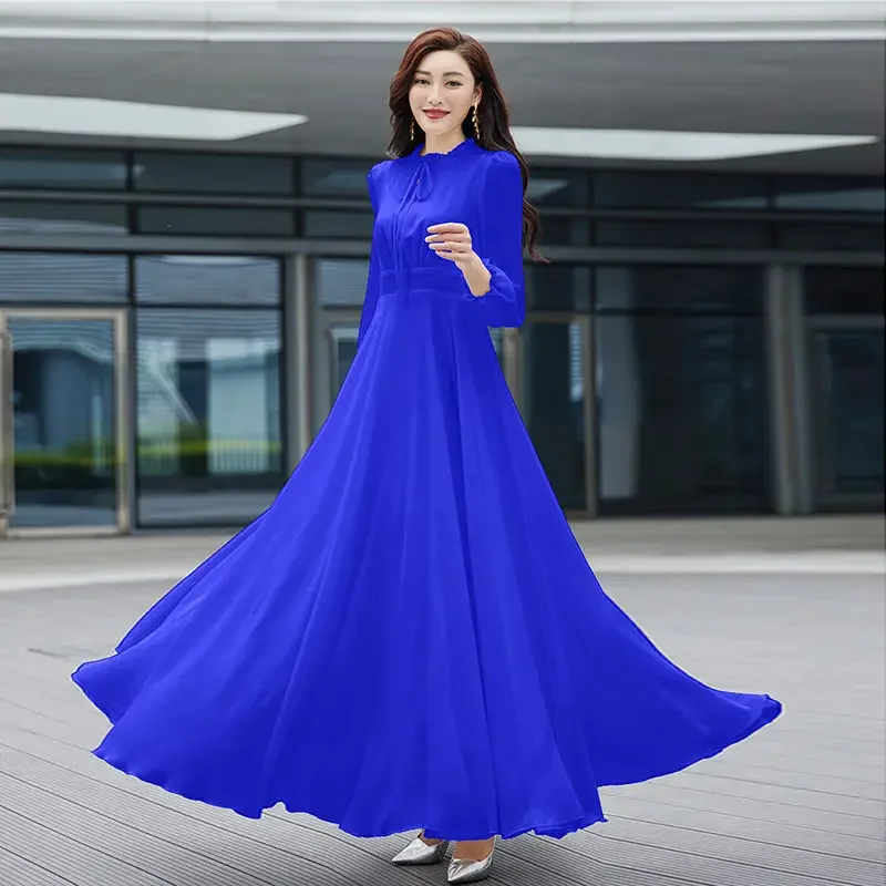 Elegant Casual O-neck Long Sleeve White Slender Dresses Spring Fashion Belt Empire Chiffon Solid Color Women's Clothing L132