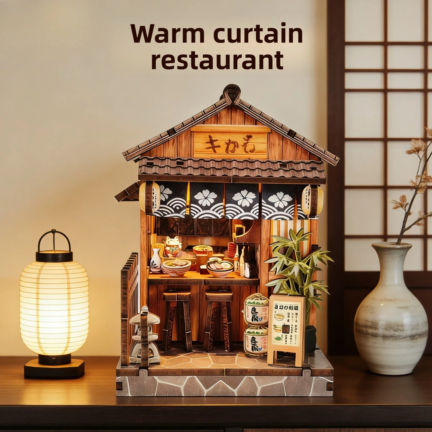 

Booknook Gift Warm Curtain Food House Assembled Model Toy Wooden Handmade Three-dimensional Puzzle DIY Cabin book nook