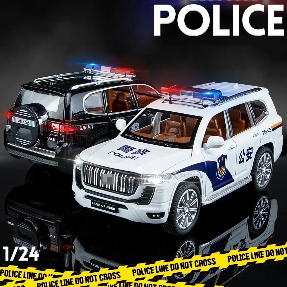 1:24 prado carro de polícia suv liga diecasts modelo brinquedo simulação carro com som e luz puxar para trás brinquedo para presentes coleção