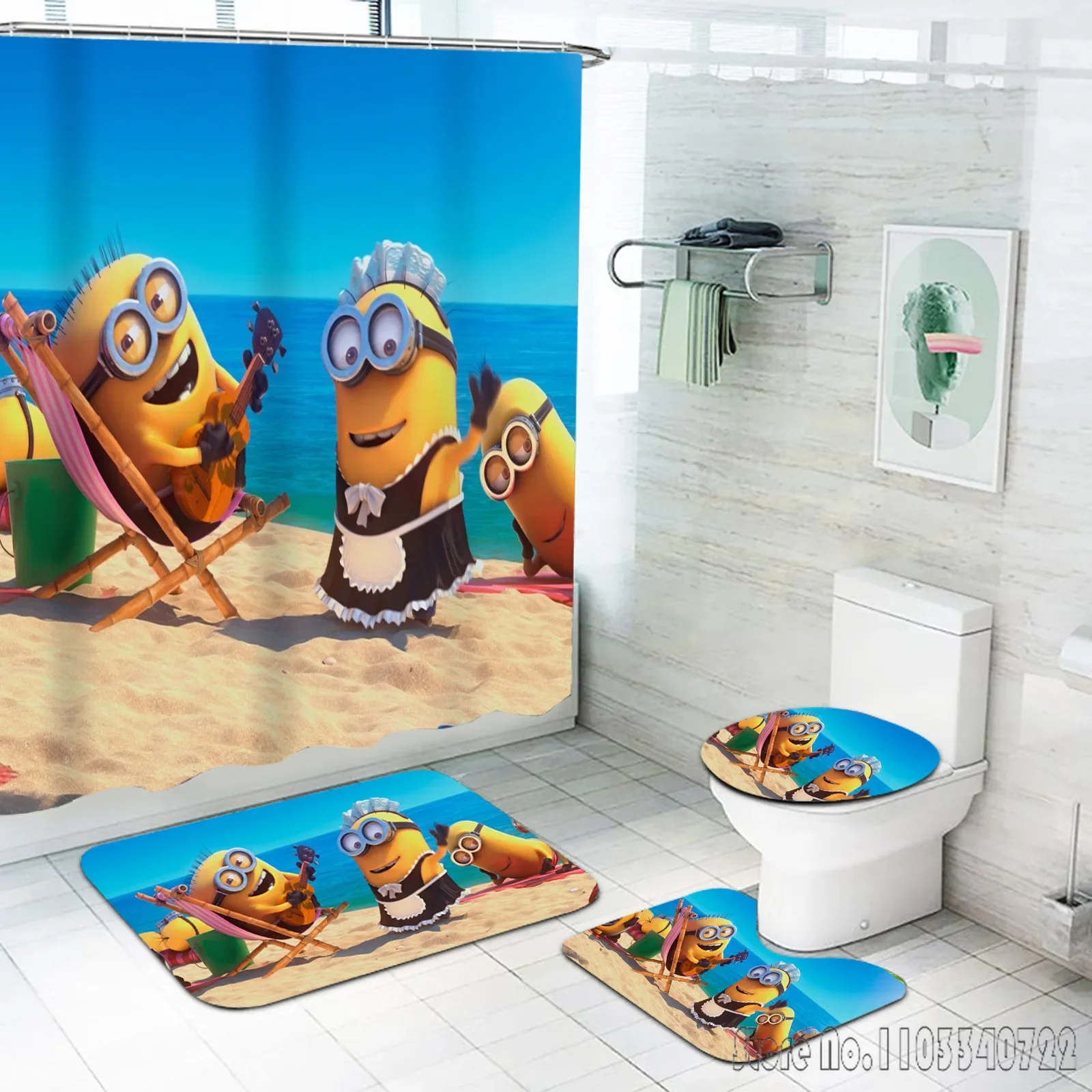 Baby Kids M-Minions Animal Anime Bath Shower Curtain Set 4pcs with Hooks Waterproof Bathroom Toilet Mat Lid Decor