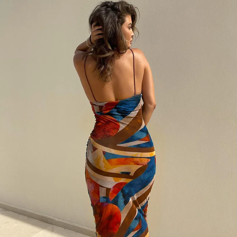 Tie Dye Print Ribbed Midi Dress For Women 2024 Summer Outfits Bodycon Side Slit Y2K Outfits Sexy Streetwear Long Dress — zdjęcie 3