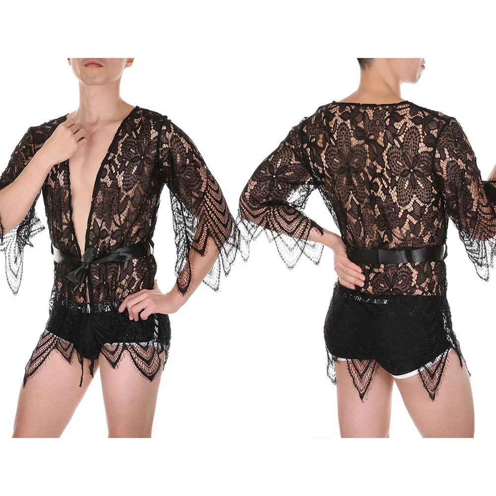 Indumenti da notte erotici ad alta elasticità Cardigan da uomo con scollo a V Cardigan nero 3 4 maniche Abbigliamento autunnale Lunghezza regolare ad alta elasticità