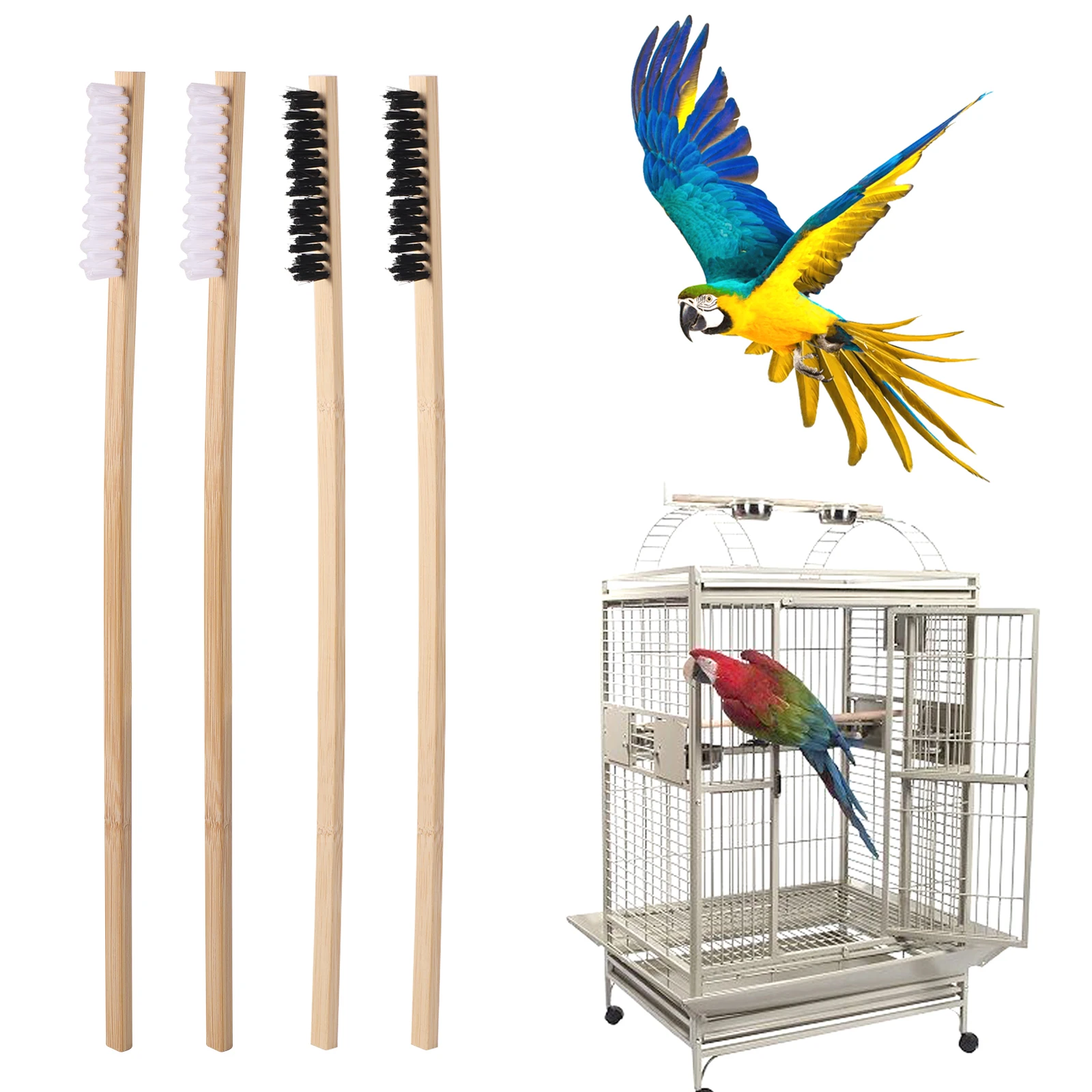 Small Animal Multi-Function Convenient Long Wooden Handle Cage Cleaner Cleaning Parrot Cage Brush Bird Supplies Cleaning Tool