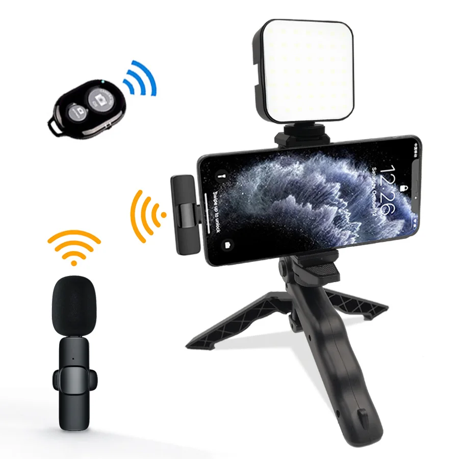 Smartphone Video Kit Microphone Photography Light Phone Holder LED Selfie Tripod Bluetooth Recording Handle Portable Stabilizer