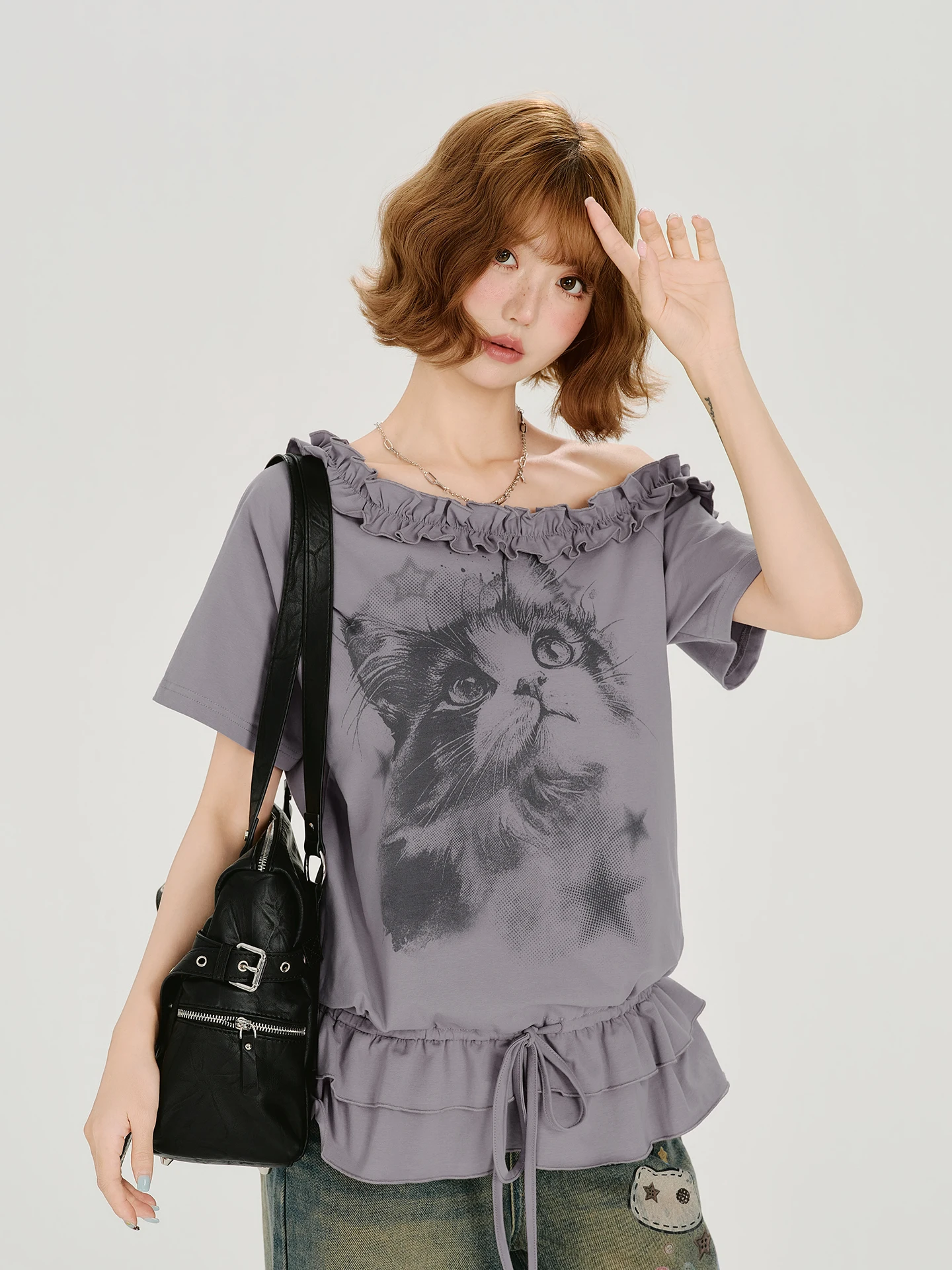 Girlyhalo American Retro Earlet Ruffle Short Sleeve T-Shirt Women Summer Loose Print Belted Top Casual Style Ladies Fashion