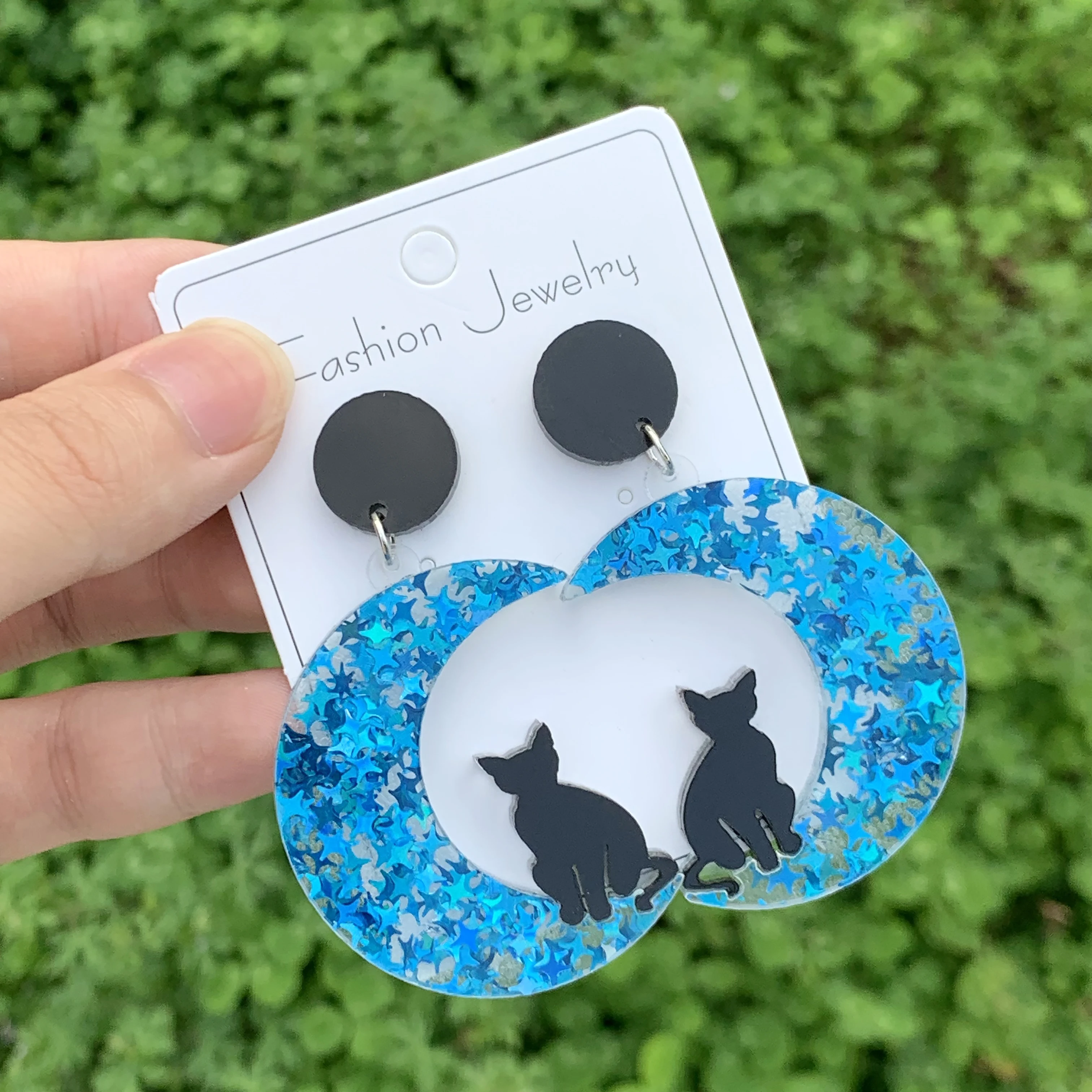 Creative Cute Big Acrylic Black Cat on the Moon Dangle Drop Earrings Dainty Chic Lovely Animal Moon Star Hook Earring for Girls