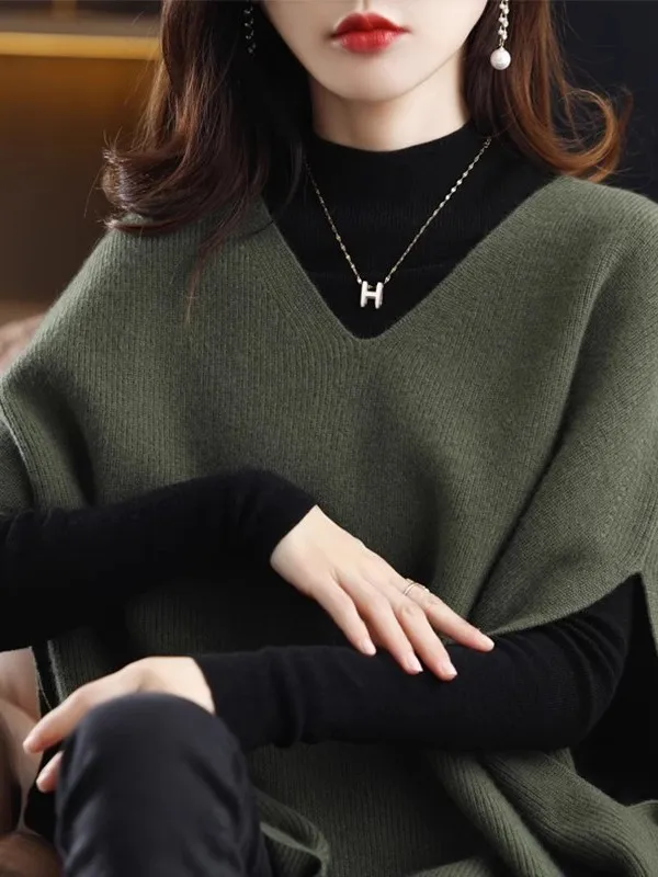V-Neck Batwing Sleeve Short Sleeveless Vest Women's Spring Autumn New Style Pure Color Versatile Loose Knitted Shoulder Pad