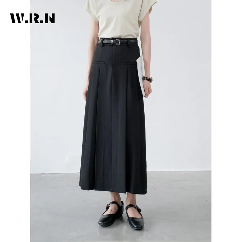 

2023 Autumn Englan Vintage Style Solid Soft Mid Long Skirts Women's Elegant Retro Chiffon High Waist Loose Black Pleated Skirt