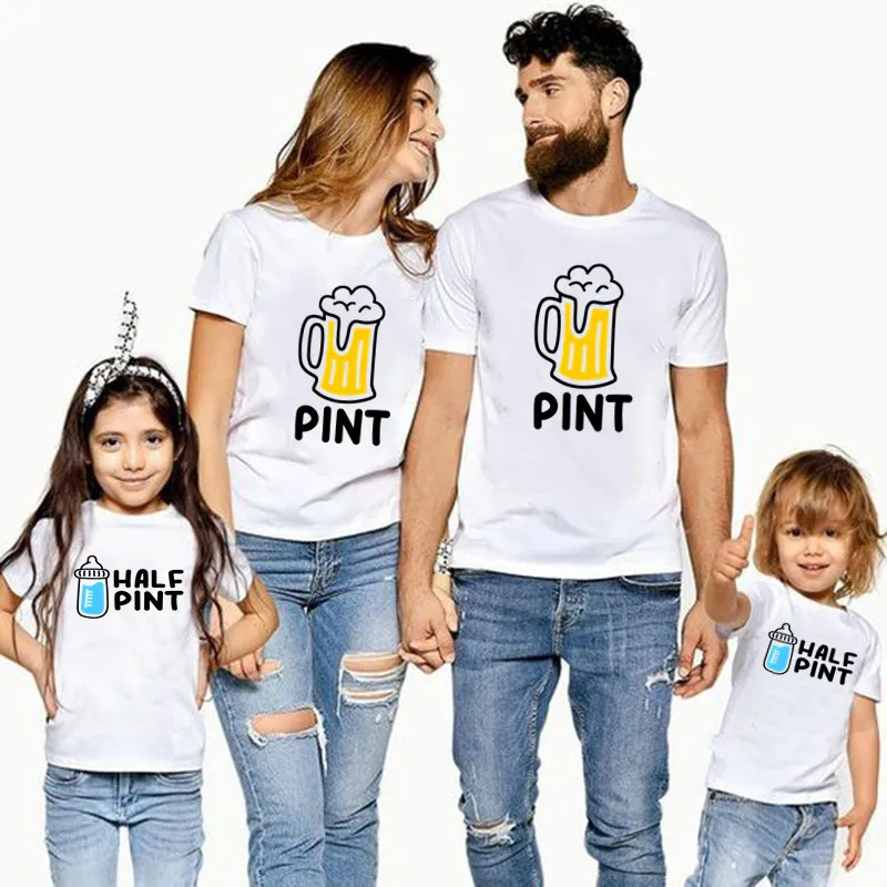 Family Matching Clothes Half Beer and Bottle Pint Family Look T-shirts Clothes Dad Mom and Me T shirt Father Mother Daughter Son