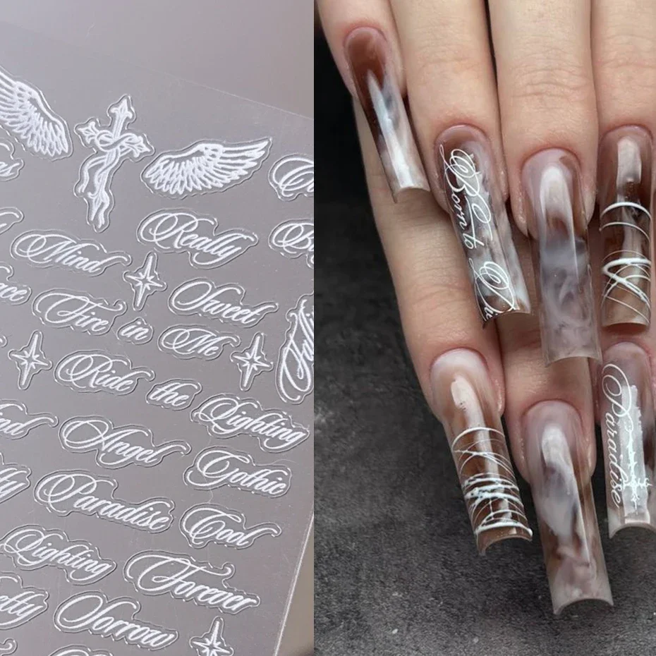Calcomanías de uñas con letras en blanco y negro, alas de ángel, diseños mixtos holográficos, estilo Y2K, DIY 3