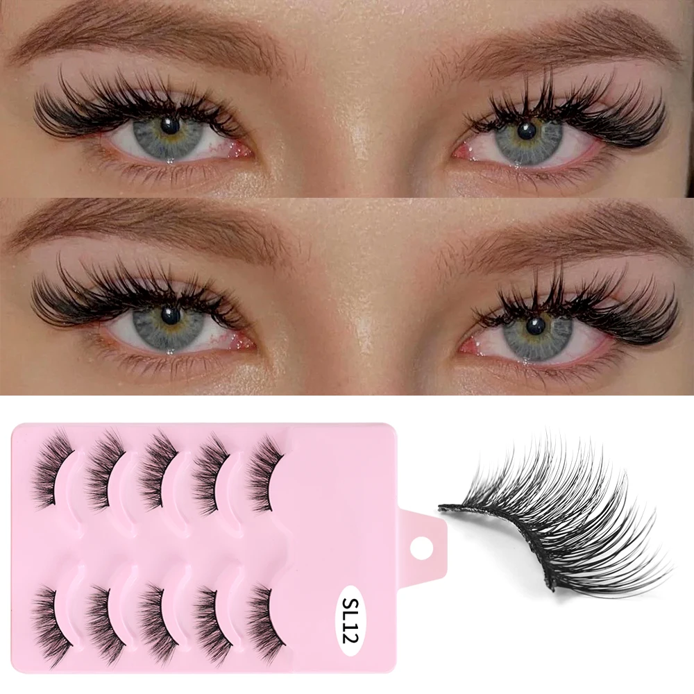 5 คู่ครึ่งขนตาปลอม Mink ธรรมชาติยาวขนตาปลอมแต่งหน้า Reusable Crisscross Fake Eyelash Extension Mink Eyelashes