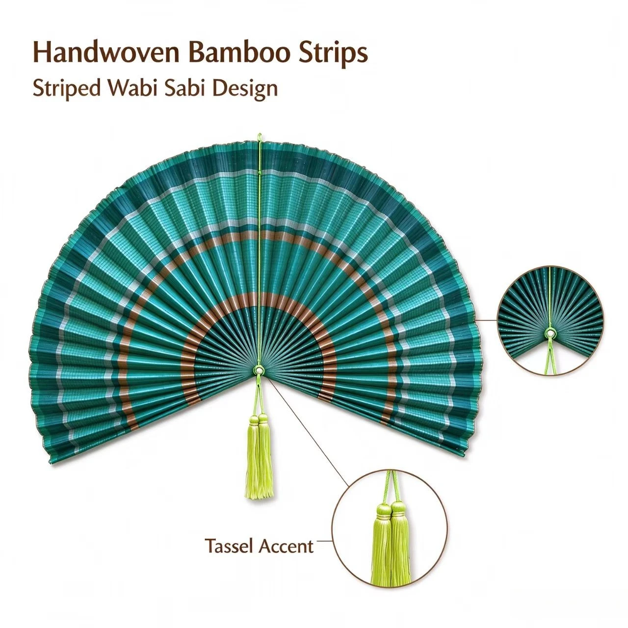 Large Green Striped Bamboo Wall Fan, Handmade Woven Wall Decor for Japandi Style Room