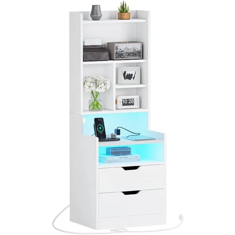 Tall Night Stand with Charging Station and Lights,Nightstand with Bookshelf,Bedside Table with Drawers & Power Outlets