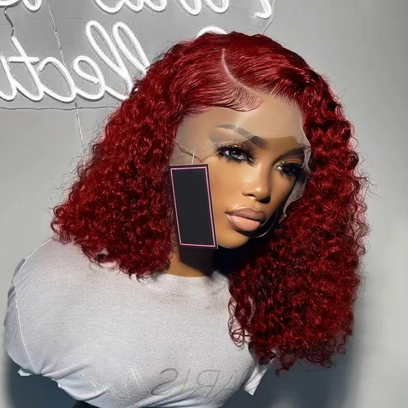 

Burgundy 99J Deep Water Wave 13x4 Lace Front Wig Red Remy Curly Short Cut Bob Frontal Human Hair Wigs Women Pre Plucked Lace Wig