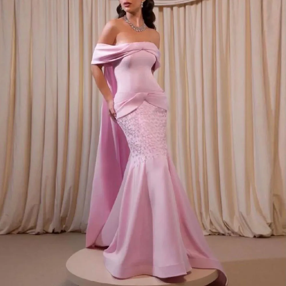 

Вечернее платье с вышивкой и бисером по индивидуальному заказу, с открытыми плечами и накидкой, платья для торжественных случаев, розовые пышные сувениры