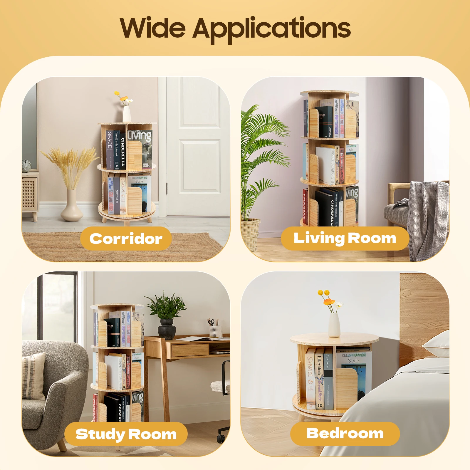 3-stufiges Bücherregal aus Holz, drehbarer Bodenständer, multifunktionaler Vitrine-Organizer 360 ° Rotierendes Aufbewahrungsregal