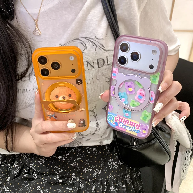 Korean Cute Candy Bear Magnetic Stand Phone Case For iPhone 17 Pro 16 15 Pro Max Back Cover Shockproof Protective Cases For 16 P