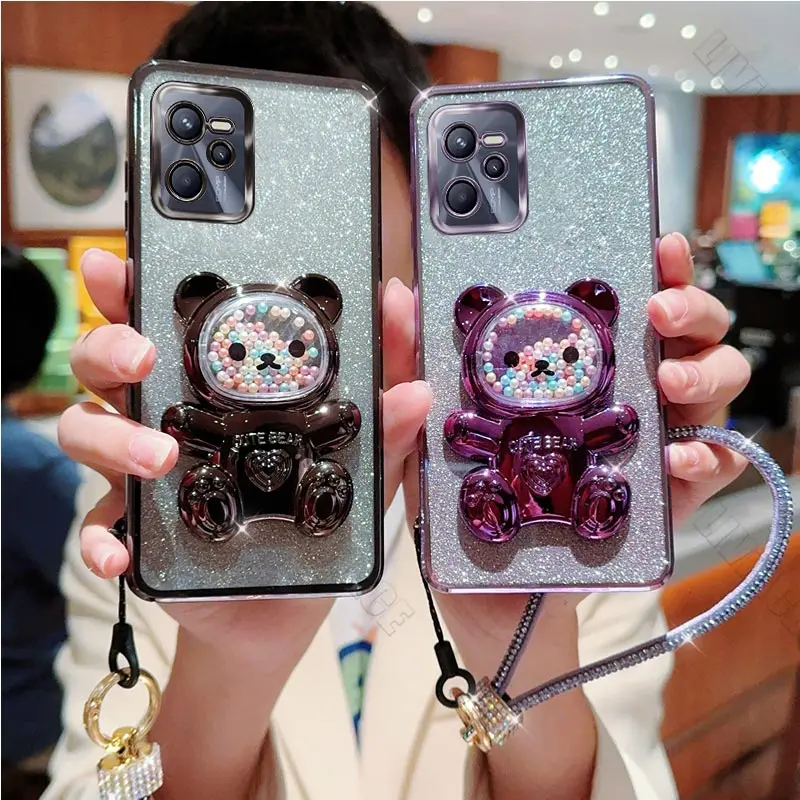 Étui de support d'ours à paillettes avec sangle en diamant, housse de support pour Oppo Realme, C35, C7i, C11, C15, C17, C20, C21Y, C21, C30, C30S, C31, C33, C53, C55, C67