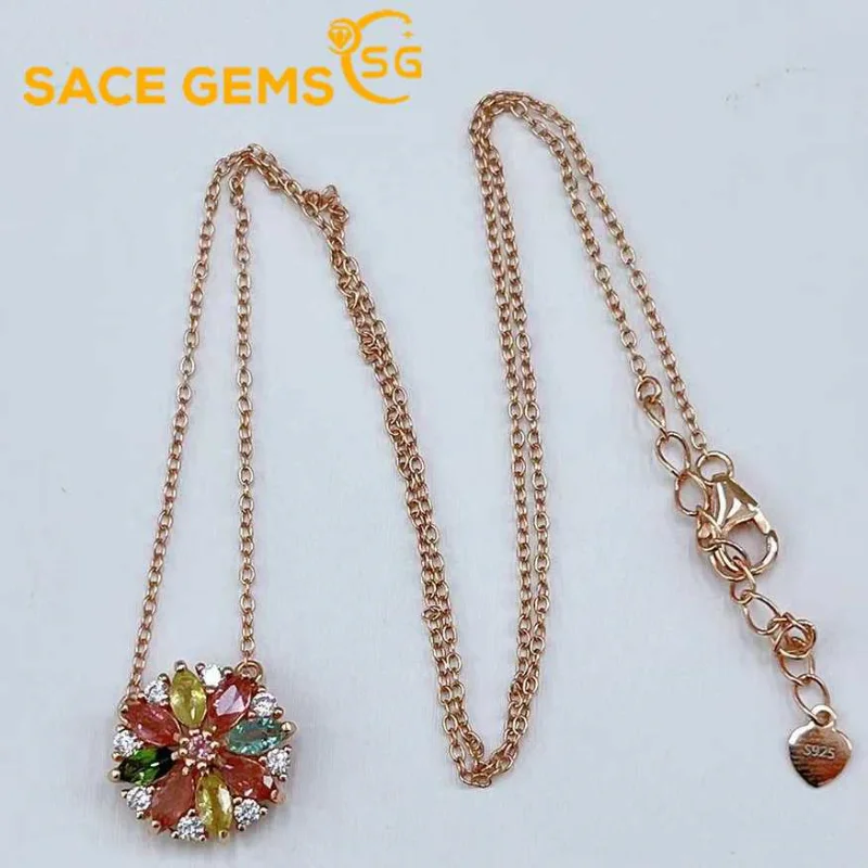 SACE GEMS 925 Sterling Silver 2.5*5MM Natural Tourmaline Pendant Necklaces for Womne  Engagement Cocktail Party Fine Jewelry