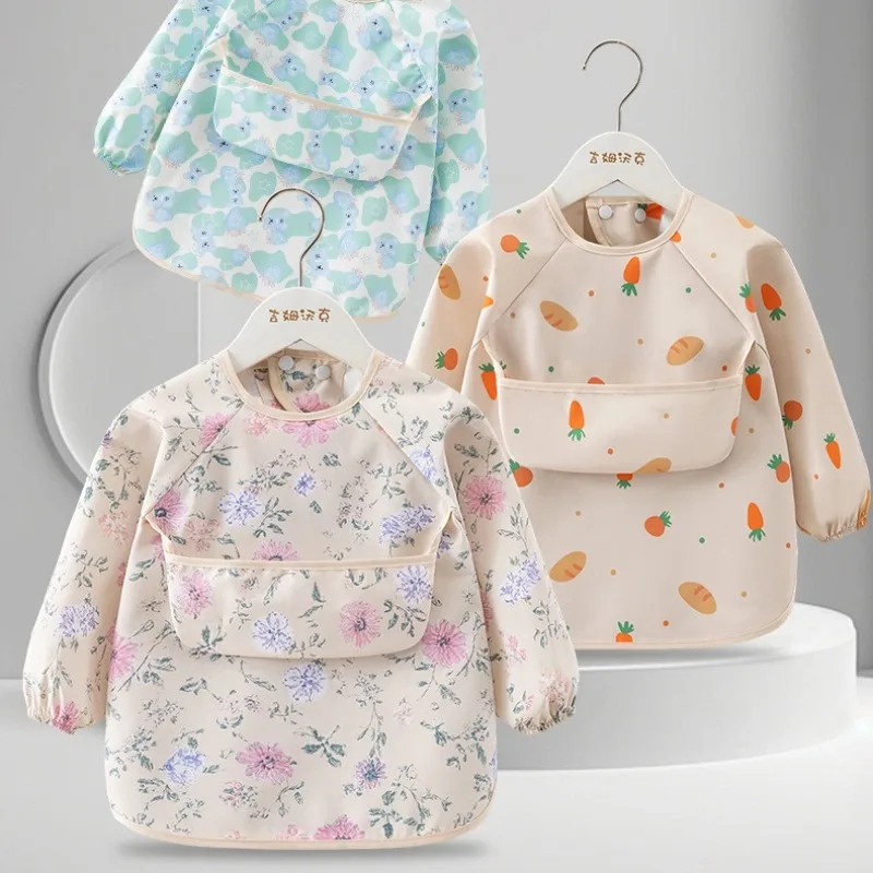 1PC Child Feeding Bib Waterproof Long Sleeve Apron Rice Pocket Feeding Blouse Toddler Bibs Children's Summer Thin Feeding Smock