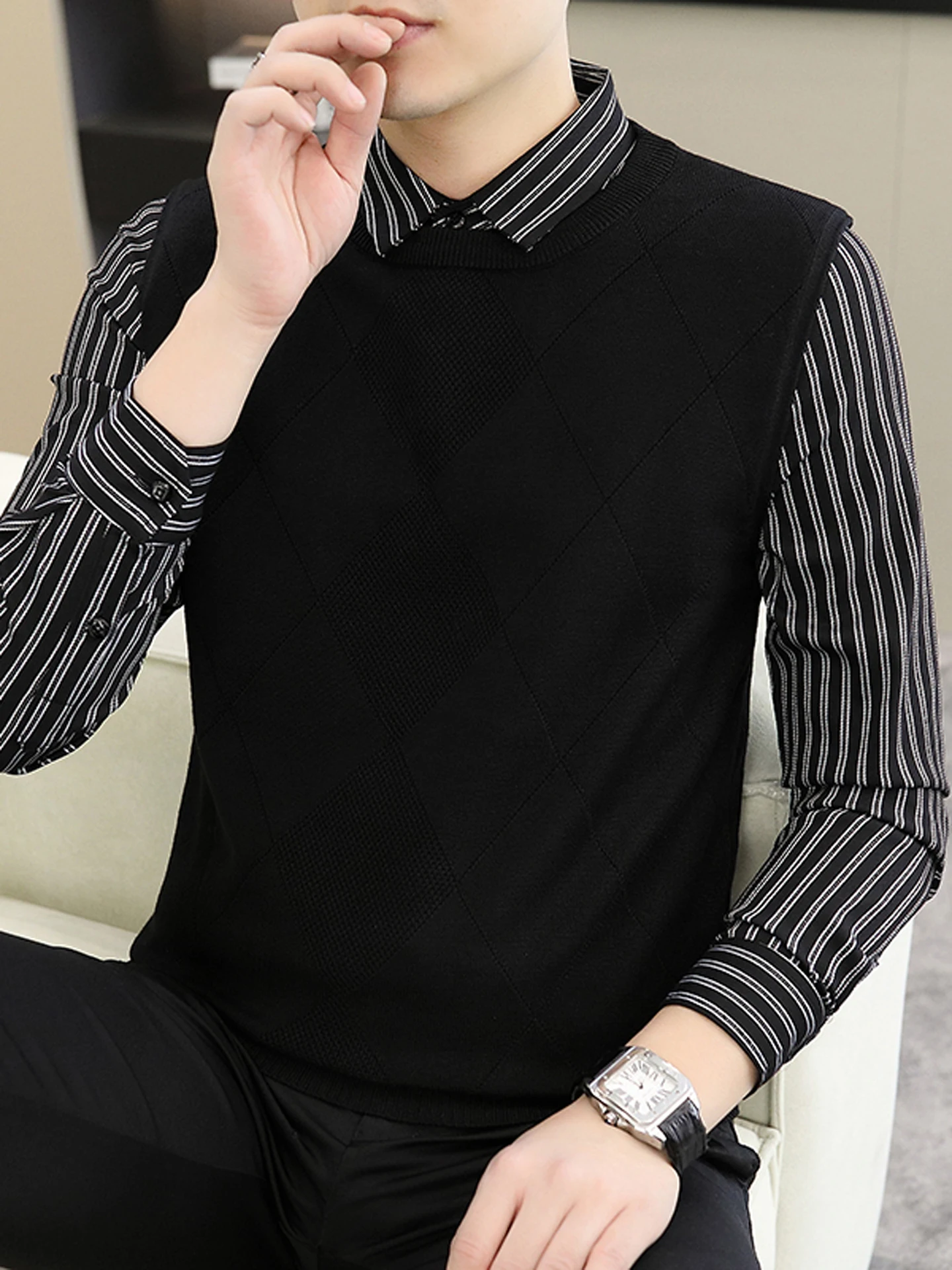 

Men's Knitted Sweater irt Collar Pasted Stripe V-Ne Long Sve Casual Sle Polyester Blend Autumn Winter New Faion
