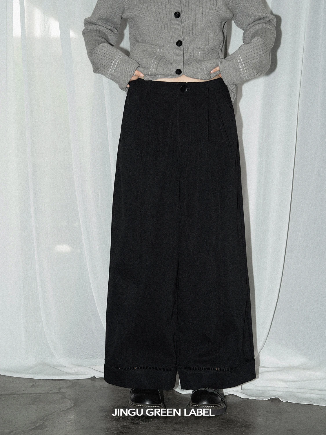 

Свободные длинные брюки с эластичным поясом и ажурным дизайном, комфортная посадка, JINGU, цвет белый персик, прозрачный чай, женская модная одежда в стиле Ханьфу