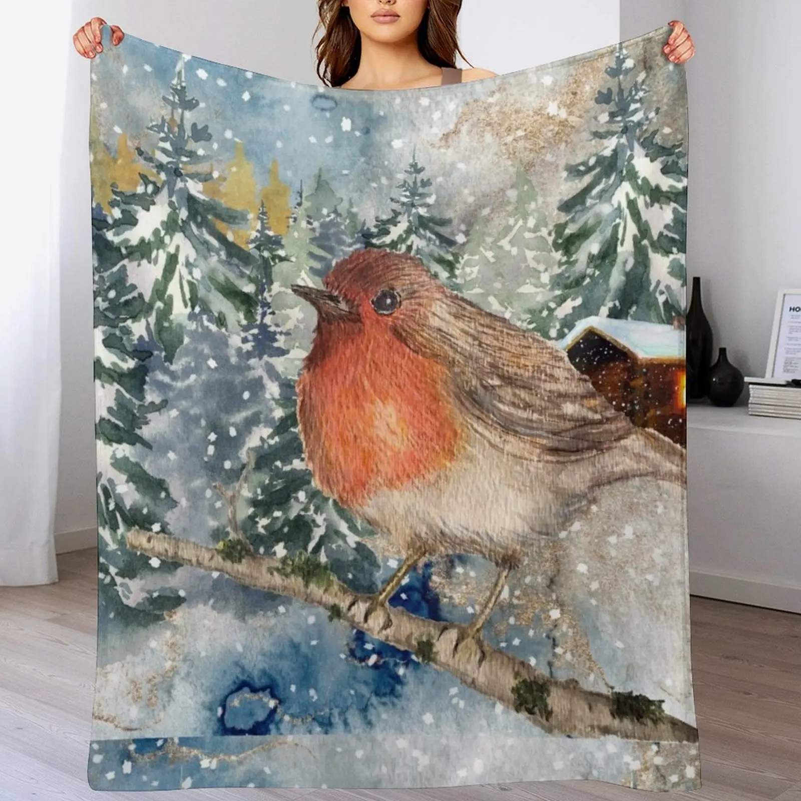 robin in the snow winter wonderland Throw Blanket