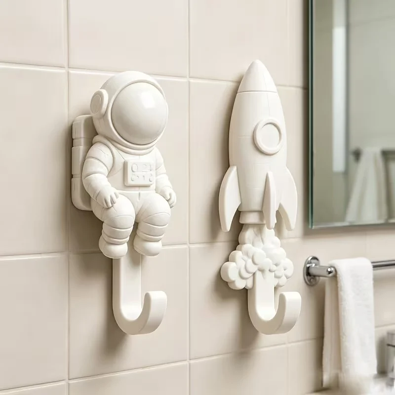 3D Printed Astronaut and Rocket Wall Hook Set Space Themed Adhesive Coat Creative Bathroom Entryway Decorative Hanging Hooks